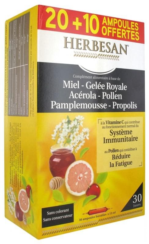 Herbesan Miel Gelée Royale Acérola Pollen Pamplemousse Propolis 20 Ampoules  + 10 Offertes