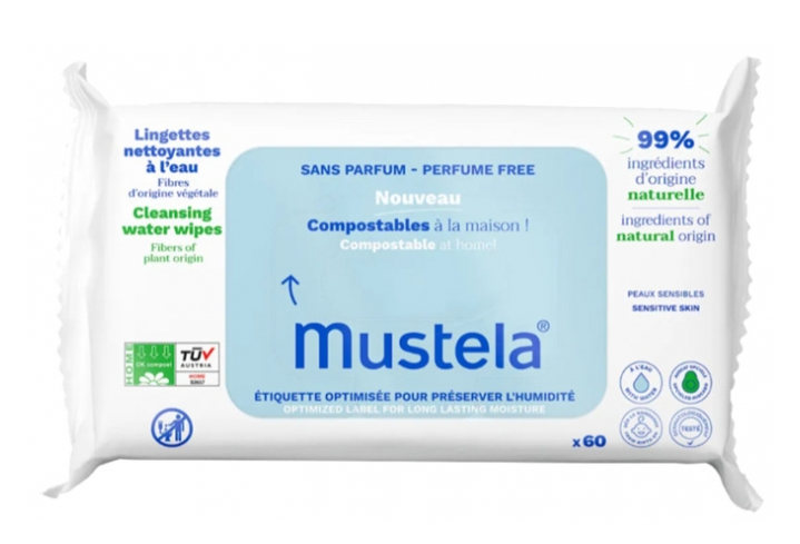 Mustela Water-based cleansing wipes with Avocado 60 Wipes