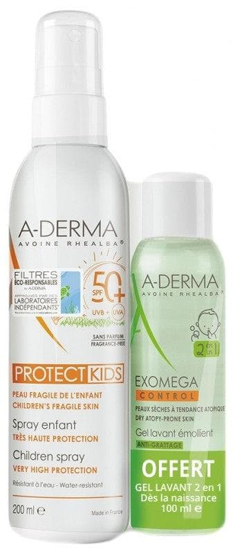 A-DERMA Protect Kids Spray Children Very High Sun Protection SPF50+ 200ml + Exomega Control Emollient Cleansing Gel 100ml Free