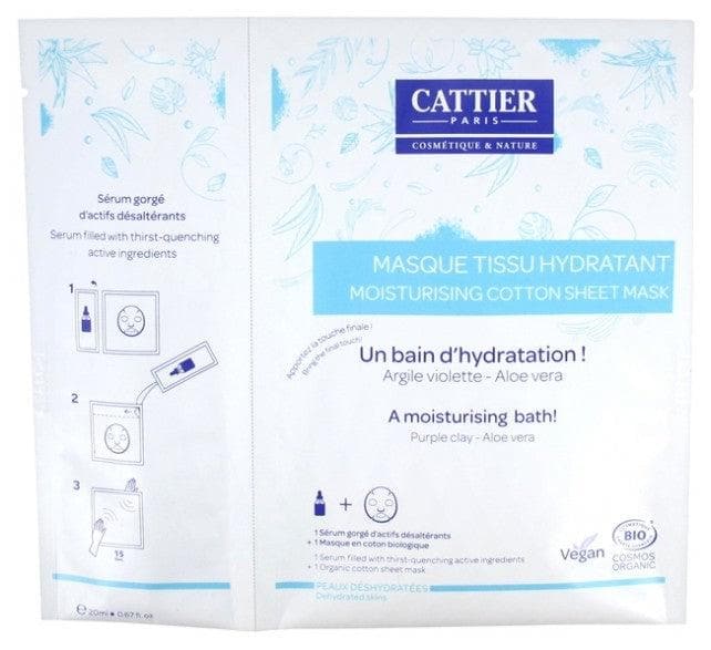 Cattier Moisturizing Cotton Sheet Mask + Serum Filled With Thirst-Quenching Active Ingredients Organic 20ml