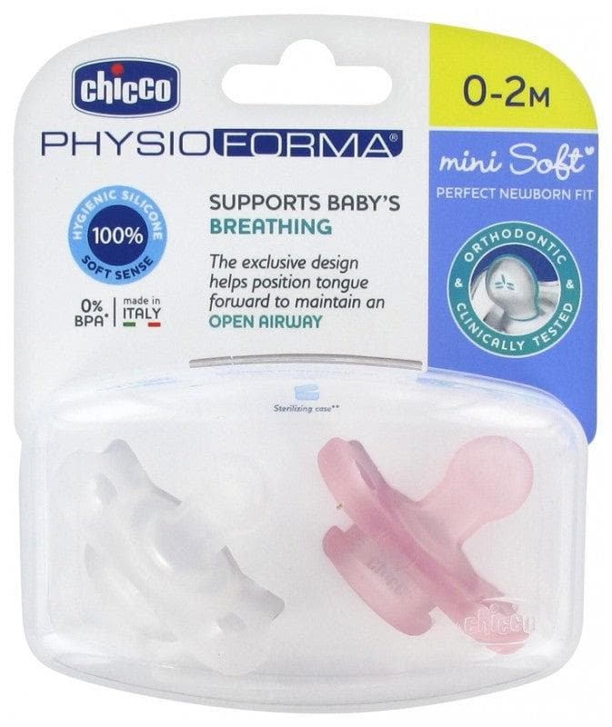 Chicco Physio Forma Mini Soft 2 Silicone Soothers 0-2 Months Colour: Transparent white and Pink