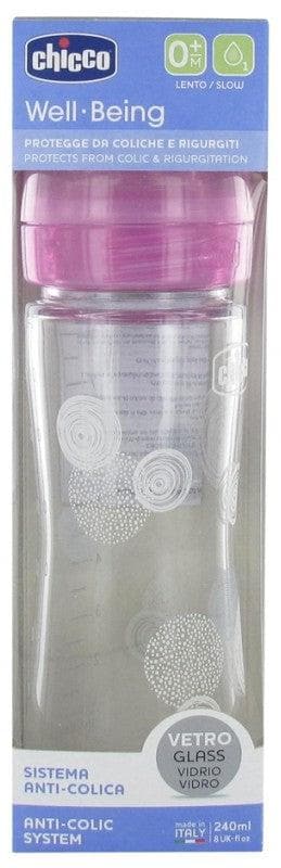 Chicco Well Being Bottle Glass Bottle 240ml Slow Flow 0 Months and Over Colour: Pink