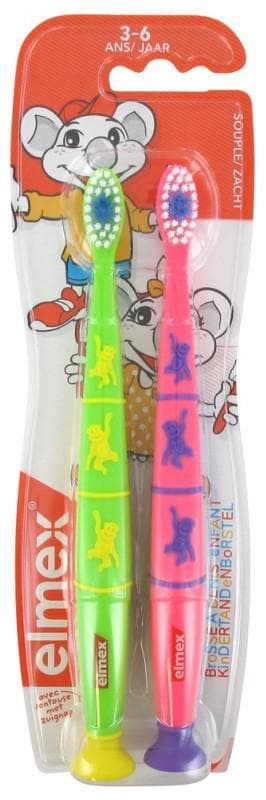 Elmex 2 Soft Toothbrushes 3-6 Years Old Colour: Green and Pink