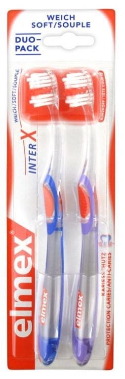 Elmex Anti-Decays InterX Soft Toothbrushes Duo Pack Colour: Blue and Purple