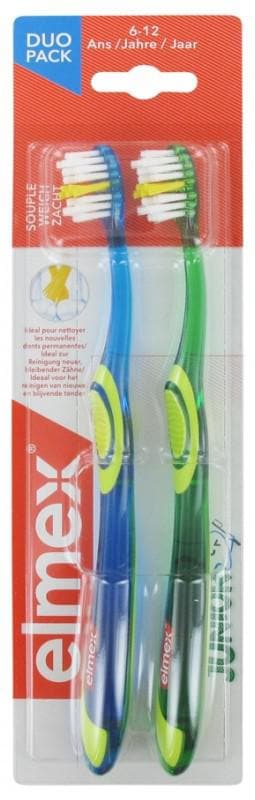 Elmex Junior Duo Pack Toothbrushes Supple 6-12 Years Colour: Green and Blue