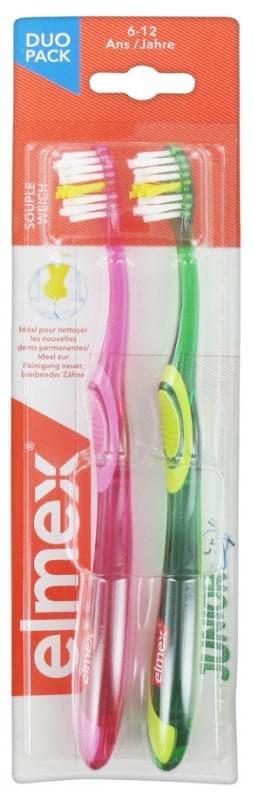 Elmex Junior Duo Pack Toothbrushes Supple 6-12 Years Colour: Pink and Green