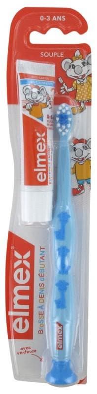 Elmex Soft Toothbrush Beginner 0-3 Years Old + Mini Toothpaste Anti-Cavities 0-6 Years Old 12ml Colour: Blue