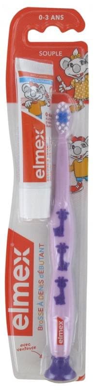 Elmex Soft Toothbrush Beginner 0-3 Years Old + Mini Toothpaste Anti-Cavities 0-6 Years Old 12ml Colour: Purple
