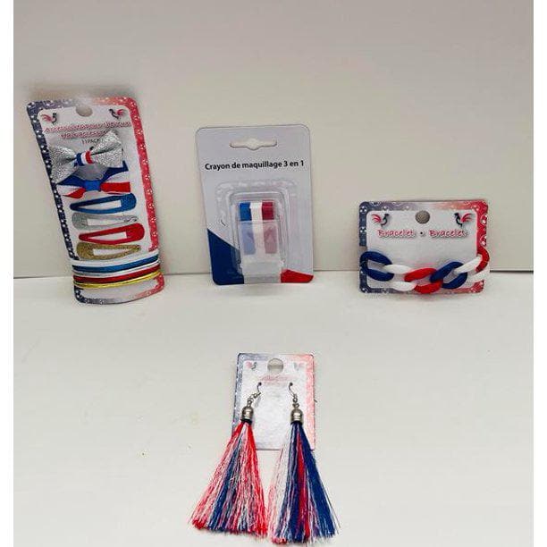 French Flag Accessory Set Fan Kit France with Hair Accessories Red, White and Blue