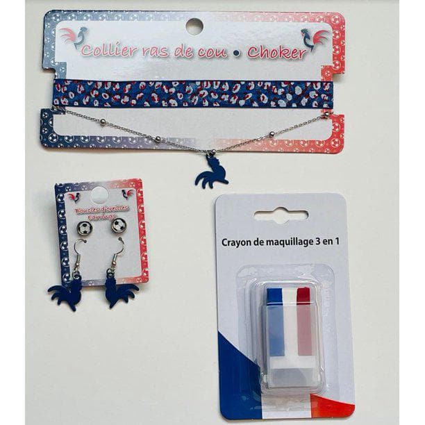 French Flag Accessory Set Party Kit with Le Coq Choker Red, White and Blue