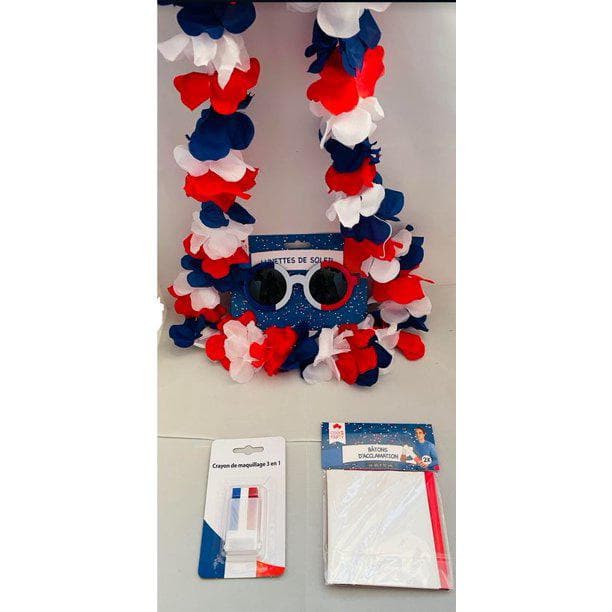 French Flag Euro 2020 Accessory Set Fan Kit French Team with Round Sunglasses Red, White and Blue