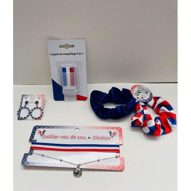 French Flag Set Fan Kit French Team with Hair Scrunchy Red, White and Blue