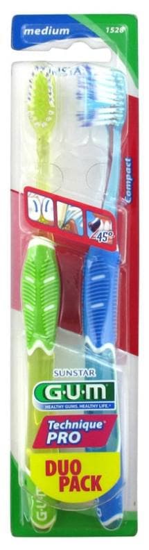 GUM Technique Pro Duo Pack 2 Medium Toothbrushes 1528 Colour: Green Blue