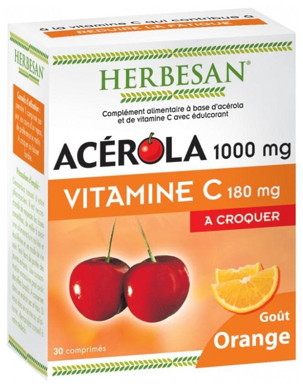 Herbesan Acerola 1000mg Vitamin C 180mg to Crunch 30 Tablets Flavour: Orange