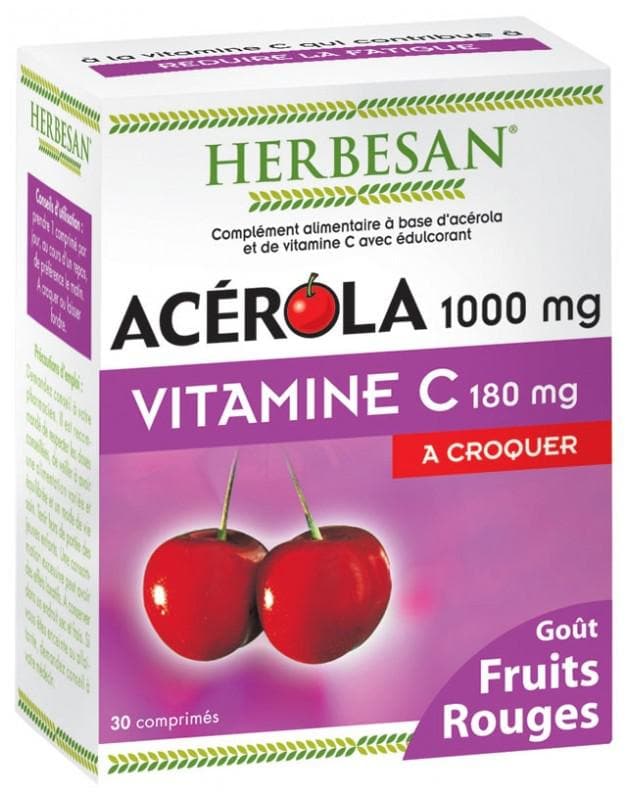 Herbesan Acerola 1000mg Vitamin C 180mg to Crunch 30 Tablets Flavour: Red Fruits