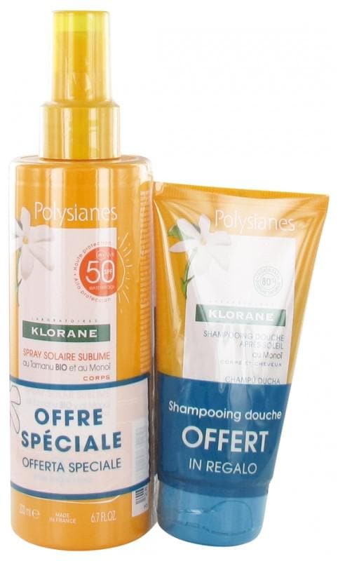 Klorane Polysianes Organic Tamanu and Monoï Sunscreen Spray SPF50 200ml + Monoï After-Sun Shower Shampoo 75ml Free