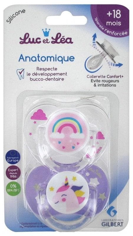 Luc et Léa 2 Anatomic Silicone Soothers With Ring 18 Months and + Model: Rainbow and Unicorn