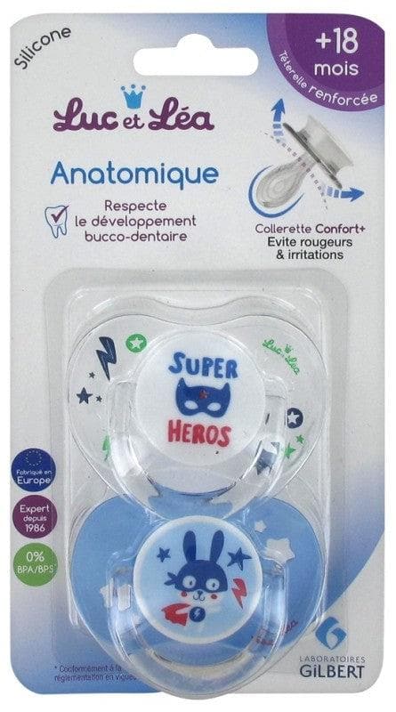 Luc et Léa 2 Anatomic Silicone Soothers With Ring 18 Months and + Model: Superheroes and Bunny