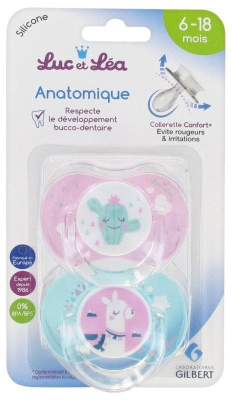 Luc et Léa 2 Anatomic Silicone Soothers with Ring 6-18 Months Model: Cactus and Llama