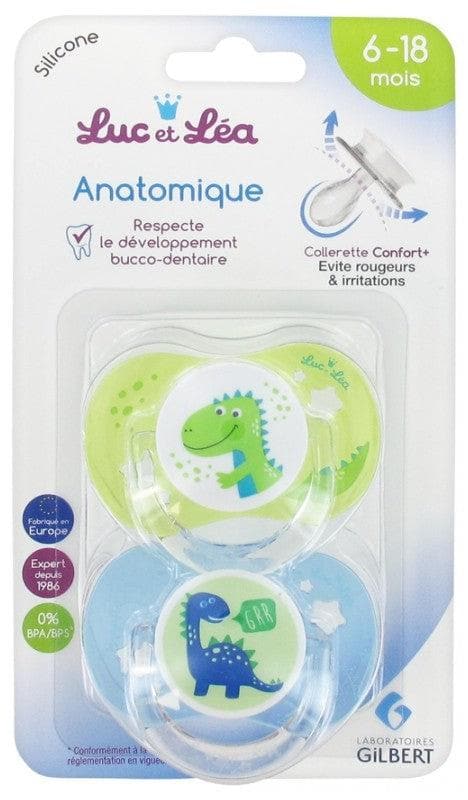 Luc et Léa 2 Anatomic Silicone Soothers with Ring 6-18 Months Model: Dinosaur