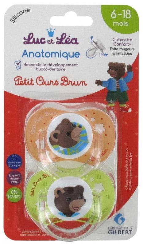 Luc et Léa 2 Anatomic Silicone Soothers with Ring 6-18 Months Model: Petit Ours Brun