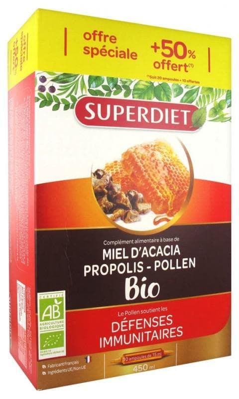 Super Diet Organic Acacia Honey Propolis Pollen 20 Phials + 10 Phials Free