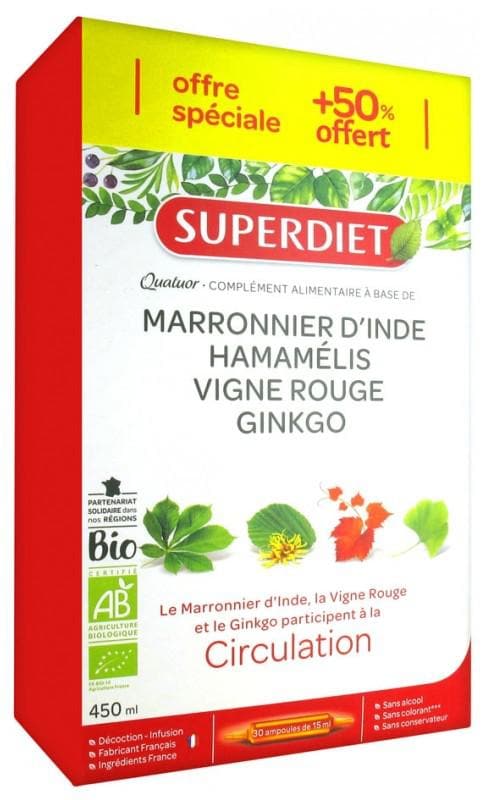 Super Diet Organic Circulation Red Vine Quatuor 20 Phials + 10 Phials Free