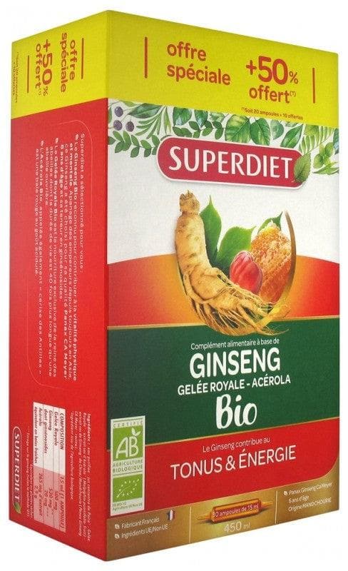 Super Diet Organic Ginseng Royal Jelly and Acerola 20 Phials + 10 Phials Free