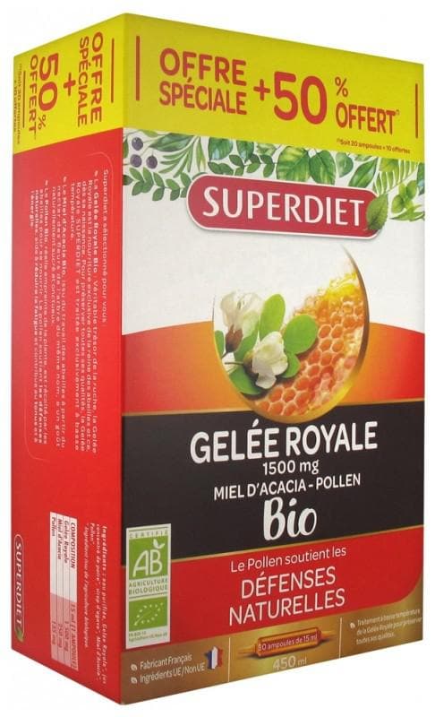 Super Diet Organic Royal Jelly Acacia Honey Pollen 20 Phials + 10 Phials Free