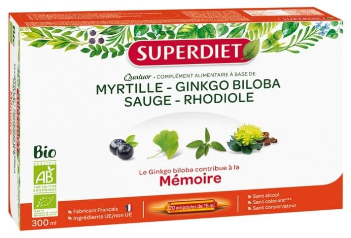 Super Diet Quatuor Organic Blackcurrant Rhodiole Ginkgo Biloba Sage 20 Phials