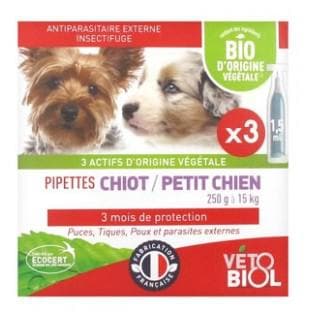 Vétobiol Pipettes Puppy Small Dog 250g to 15kg 3 Pipettes