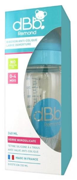 dBb Remond Anti-Colic Baby Bottle Large Opening in Glass 0-4 Months 240ml Colour: Blue